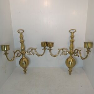 Pair  Of Colonial Brass Two arms Scones Candle Holder Vintage